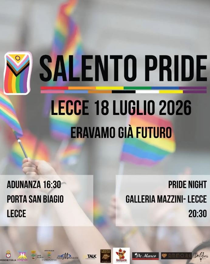 Salento Pride 2026 event poster in Lecce with Pride Night at Galleria Mazzini at 20:30