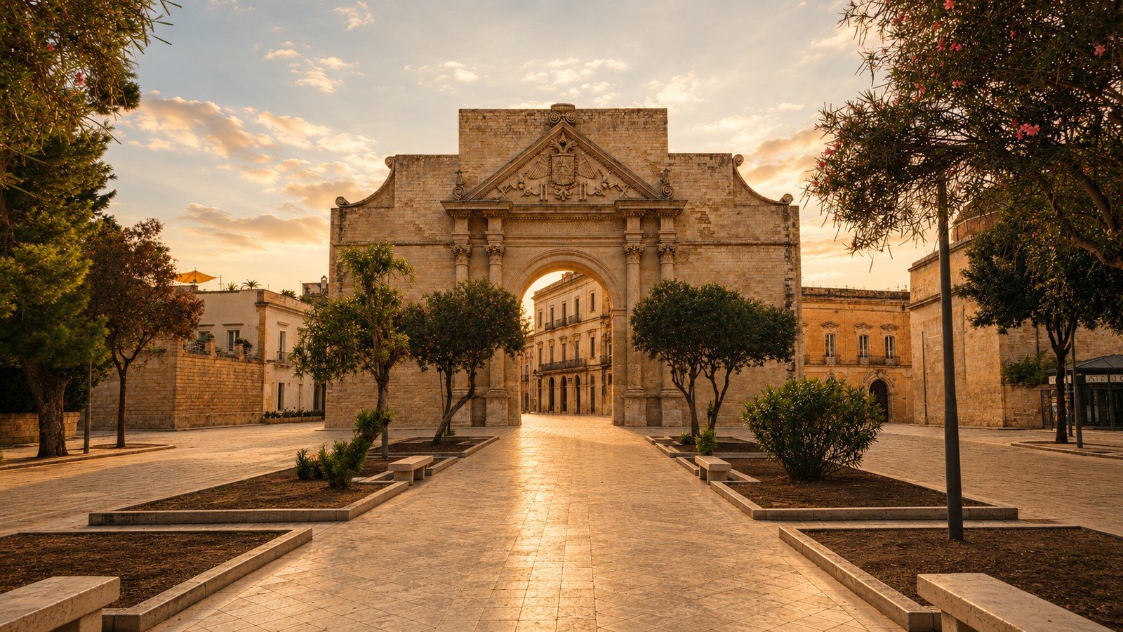 Porta Napoli historic city gate in Lecce, Salento, photographed at golden hour