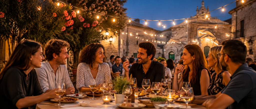 International community members socializing at an outdoor evening